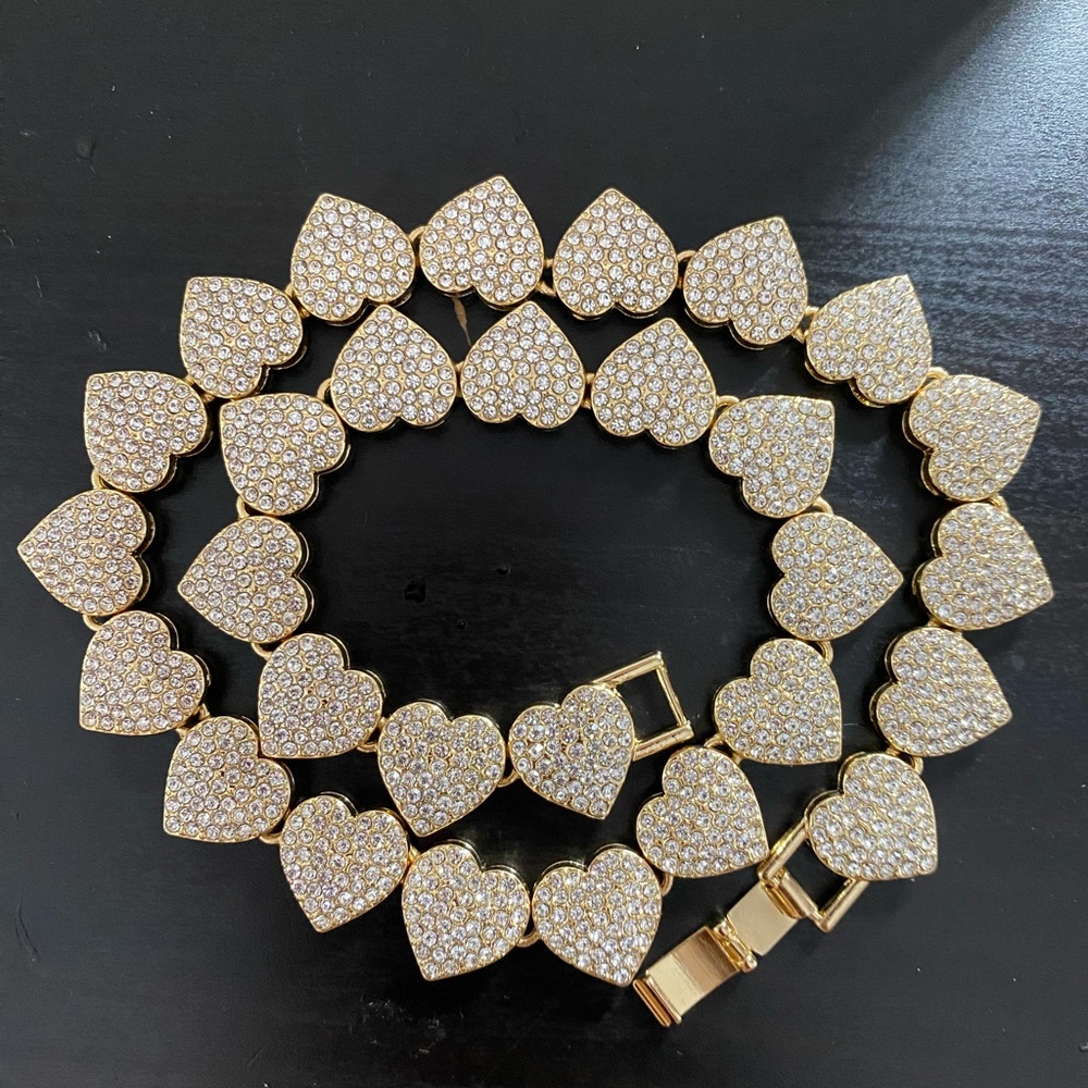 Gold Heart-Shaped Crystal Tennis/Cuban Link Necklace